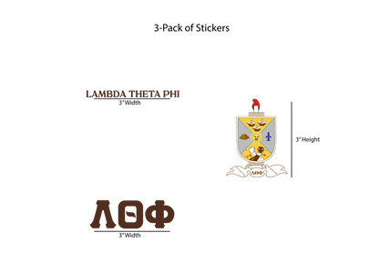 Packaging for Lambda Theta Phi stickers with logo and text on a white background