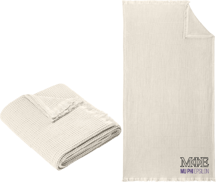 Beige textured blanket with Zeta Beta Tau logo on a white background