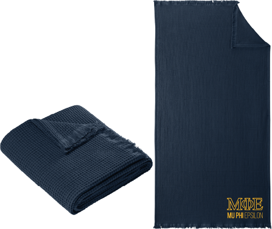 Navy blue textured blanket with 'Alpha Gamma Omega' logo on a white background