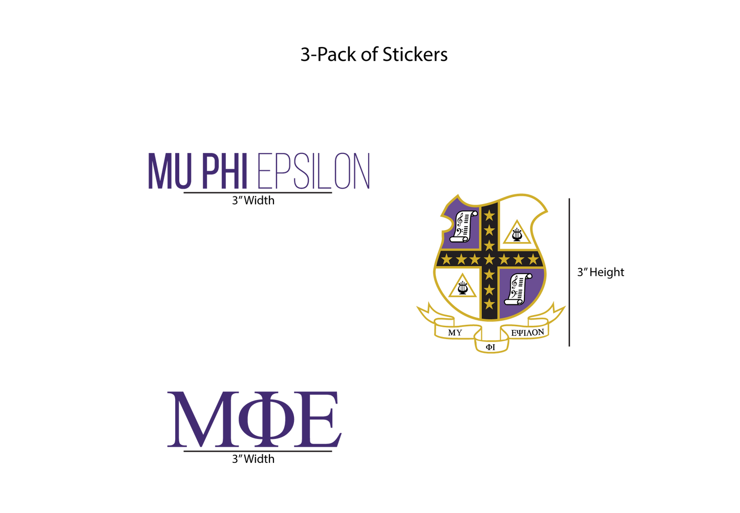 Packaging of Mu Phi Epsilon stickers with logo and text on a white background