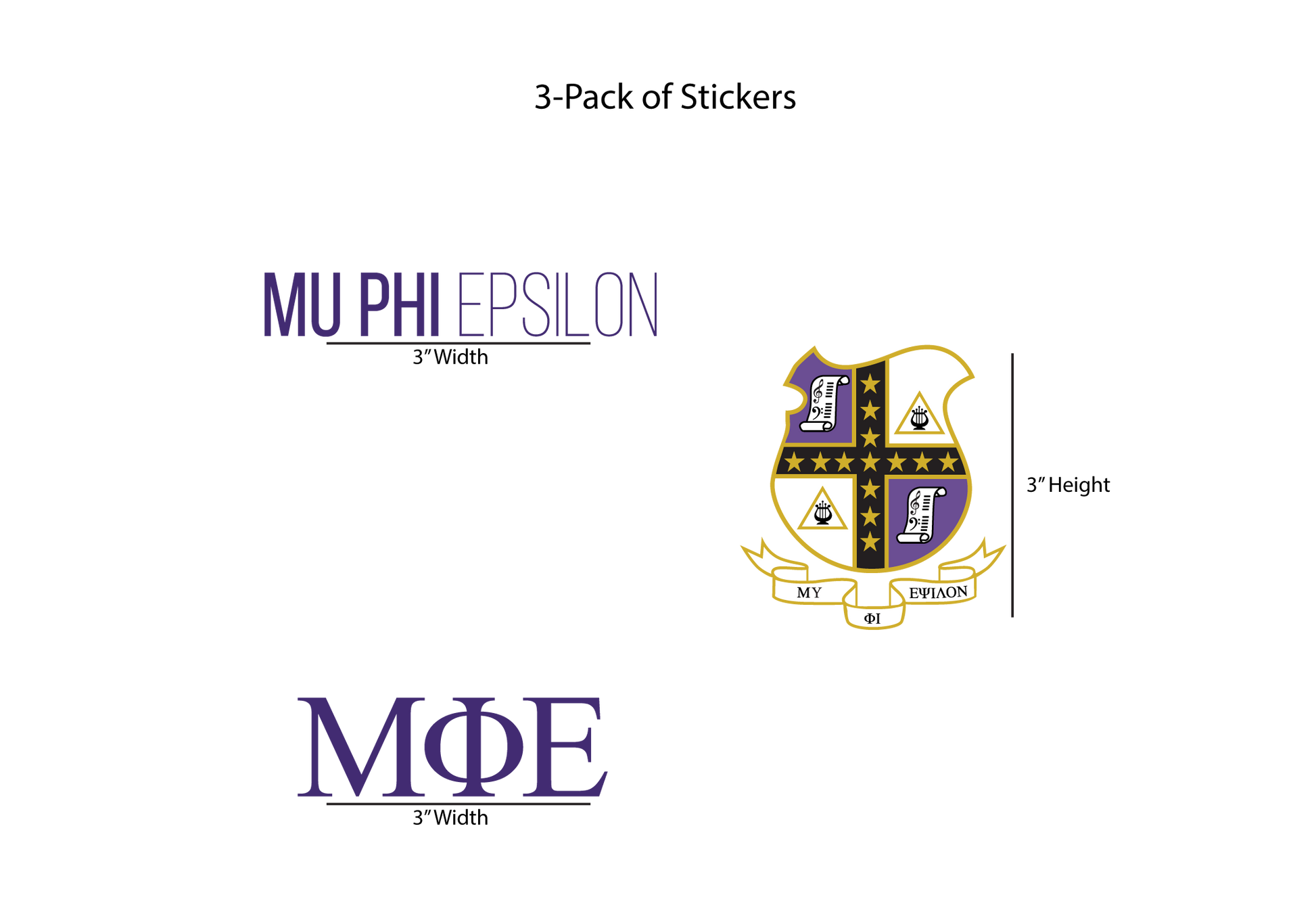 Packaging of Mu Phi Epsilon stickers with logo and text on a white background