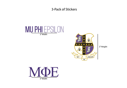 Packaging of Mu Phi Epsilon stickers with logo and text on a white background