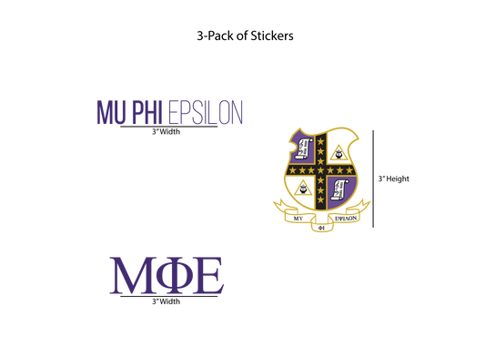 Packaging of Mu Phi Epsilon stickers with logo and text on a white background