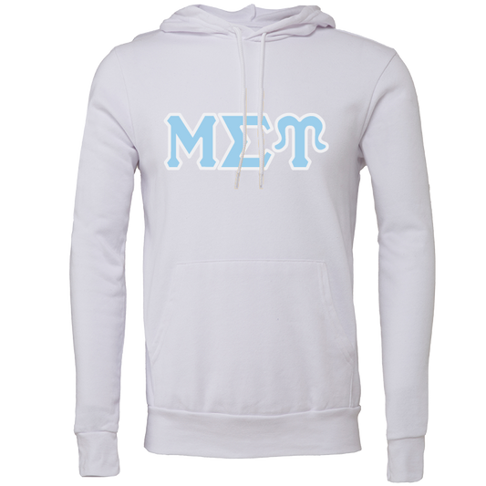 A white pullover hoodie with a light blue Greek letter graphic 'MST' outlined in white across the chest, displayed on a solid white background.