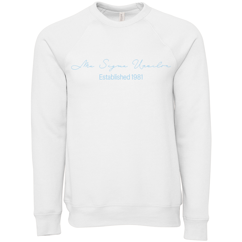 Mu Sigma Upsilon Embroidered Scripted Name Crewneck Sweatshirts