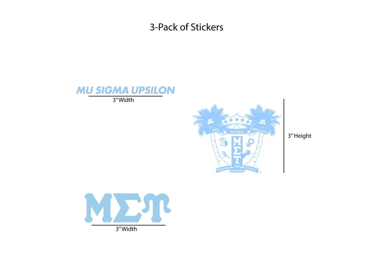 3-pack of Mu Sigma Upsilon stickers with dimensions on a white background