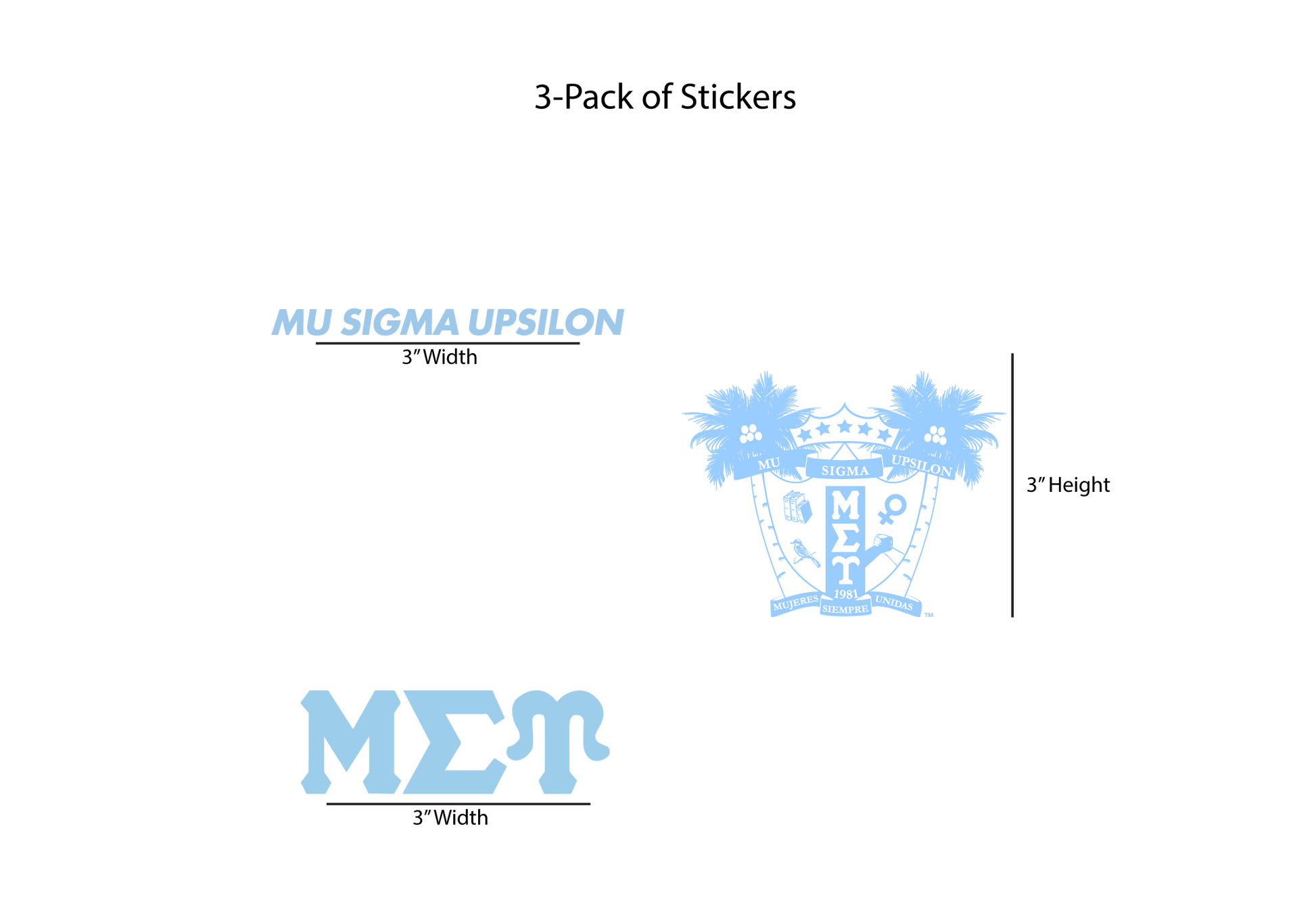 3-pack of Mu Sigma Upsilon stickers with dimensions on a white background