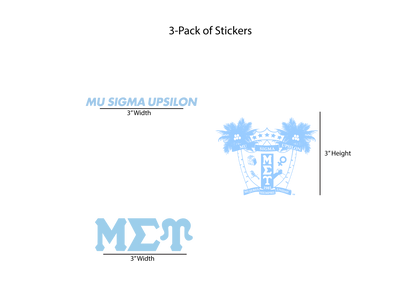 3-pack of Mu Sigma Upsilon stickers with dimensions on a white background
