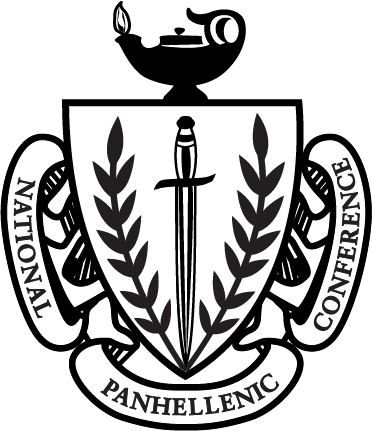 Black and white logo of the National Panhellenic Conference with a shield, sword, and candle.