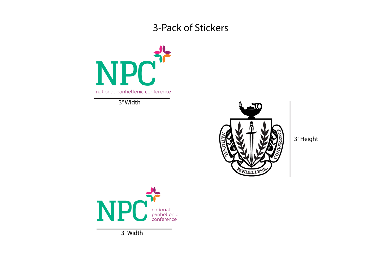 Three-pack of stickers with NPC logo and emblem on a white background