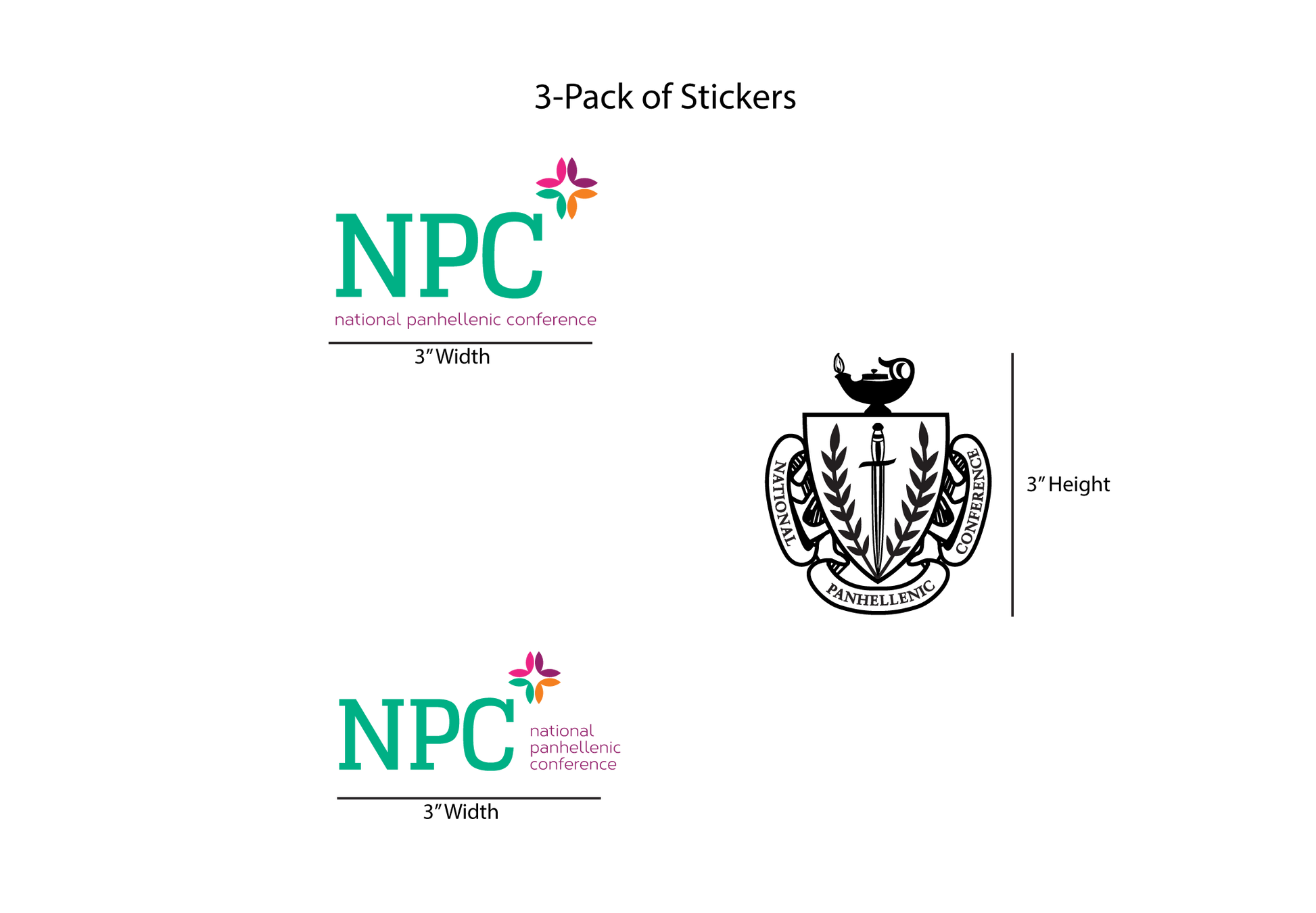 Three-pack of stickers with NPC logo and emblem on a white background