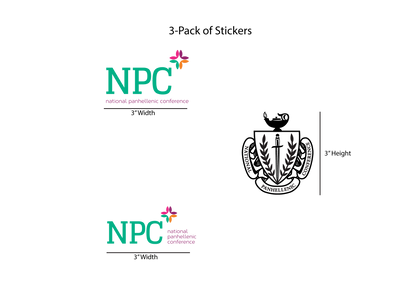Three-pack of stickers with NPC logo and emblem on a white background