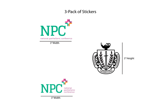 Three-pack of stickers with NPC logo and emblem on a white background