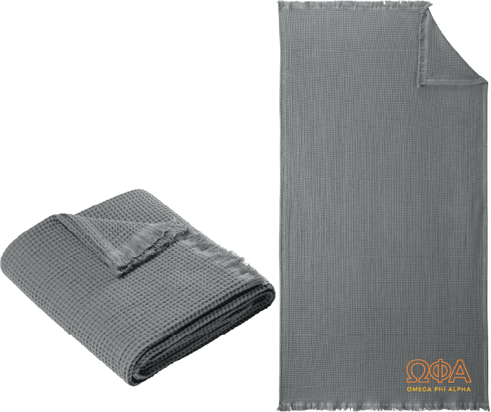 Gray textured blanket shown in two views on a white background
