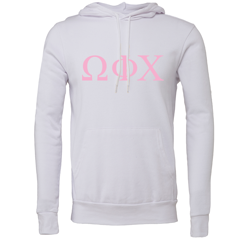 A white pullover hoodie with a pink Greek letter graphic reading 'ΩΦΧ' across the chest, displayed on a clean white background.