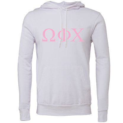 A white pullover hoodie with a pink Greek letter graphic reading 'ΩΦΧ' across the chest, displayed on a clean white background.