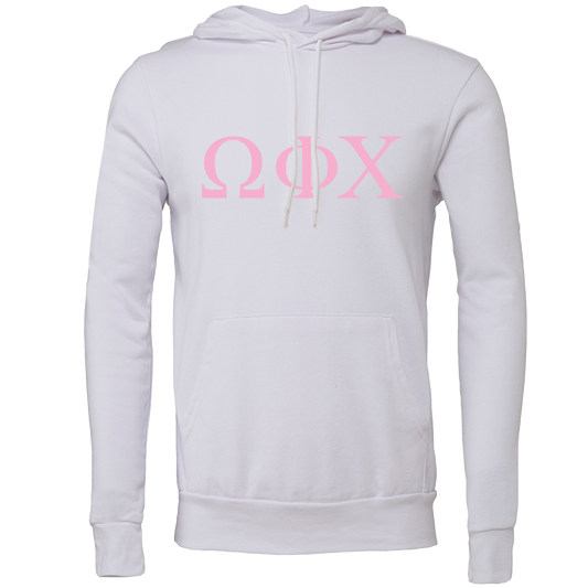 A white pullover hoodie with a pink Greek letter graphic reading 'ΩΦΧ' across the chest, displayed on a clean white background.