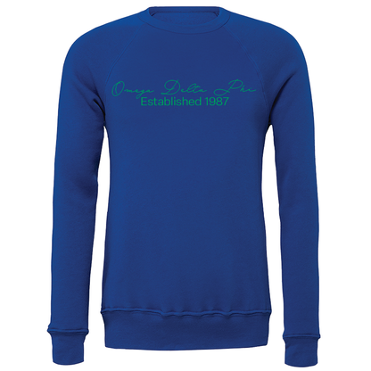 Omega Delta Phi Embroidered Scripted Name Crewneck Sweatshirts