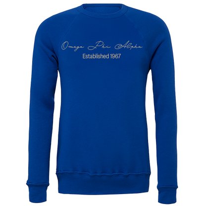 Omega Phi Alpha Embroidered Scripted Name Crewneck Sweatshirts