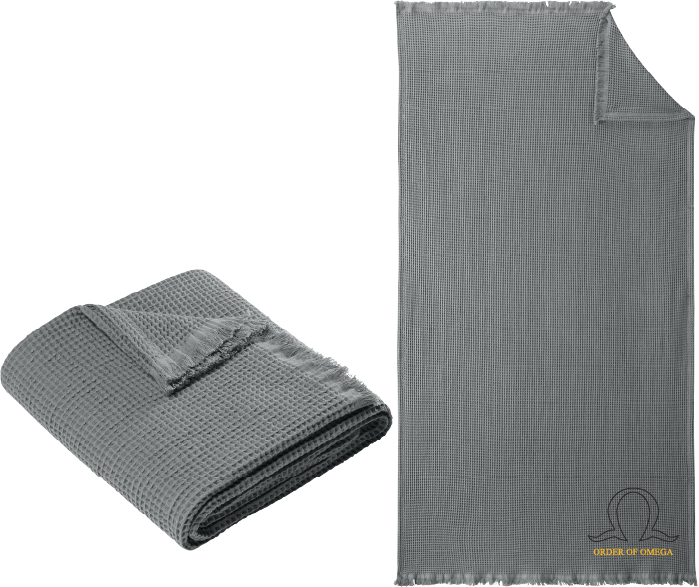 Gray textured blanket, folded and unfolded, with Alpha Delta Phi logo.