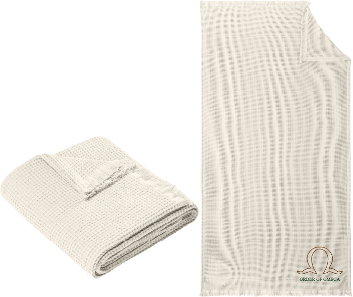 Folded beige blanket next to a larger beige blanket with 'TEO' branding on a white background