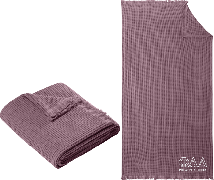 Purple textured blanket with 'Alpha Gamma Omega' logo on a white background