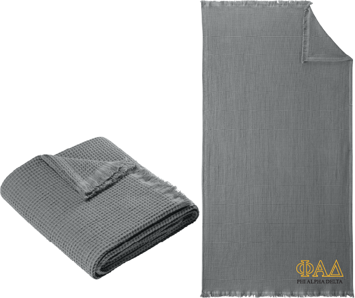 Blue textured blanket with Alpha Delta Pi logo on a white background