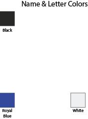 Color swatches labeled 'Black', 'Royal Blue', and 'White' on a white background.