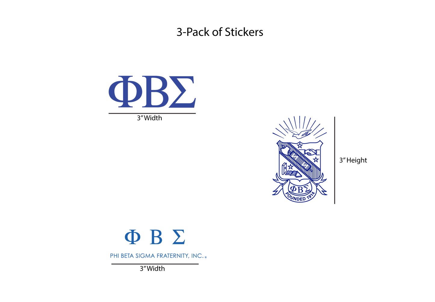 Packaging for a 3-pack of Phi Beta Sigma fraternity stickers with text and logo.