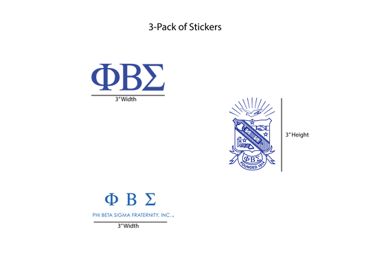 Packaging for a 3-pack of Phi Beta Sigma fraternity stickers with text and logo.