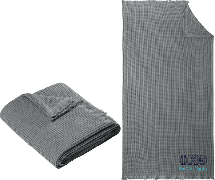 Gray textured blanket, folded and unfolded, with Alpha Delta Phi logo.