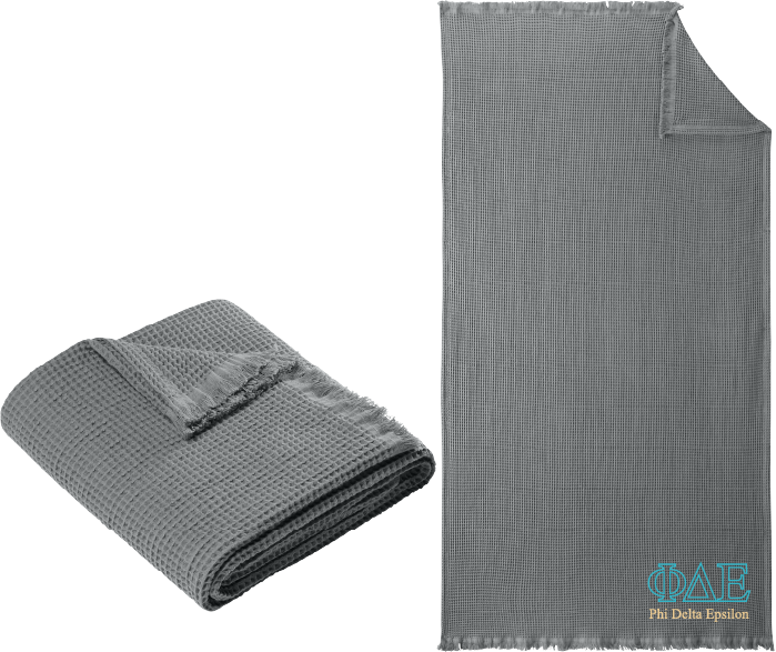 Gray textured blanket with Alpha Delta Pi logo on a white background
