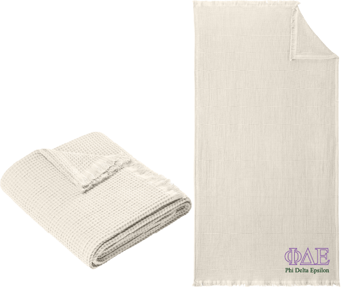 Folded beige blanket with Alpha Sigma Phi logo on a white background