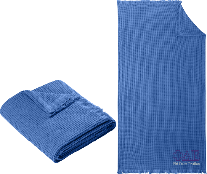 Blue textured towel with 'Alpha Gamma Omega' logo on a white background