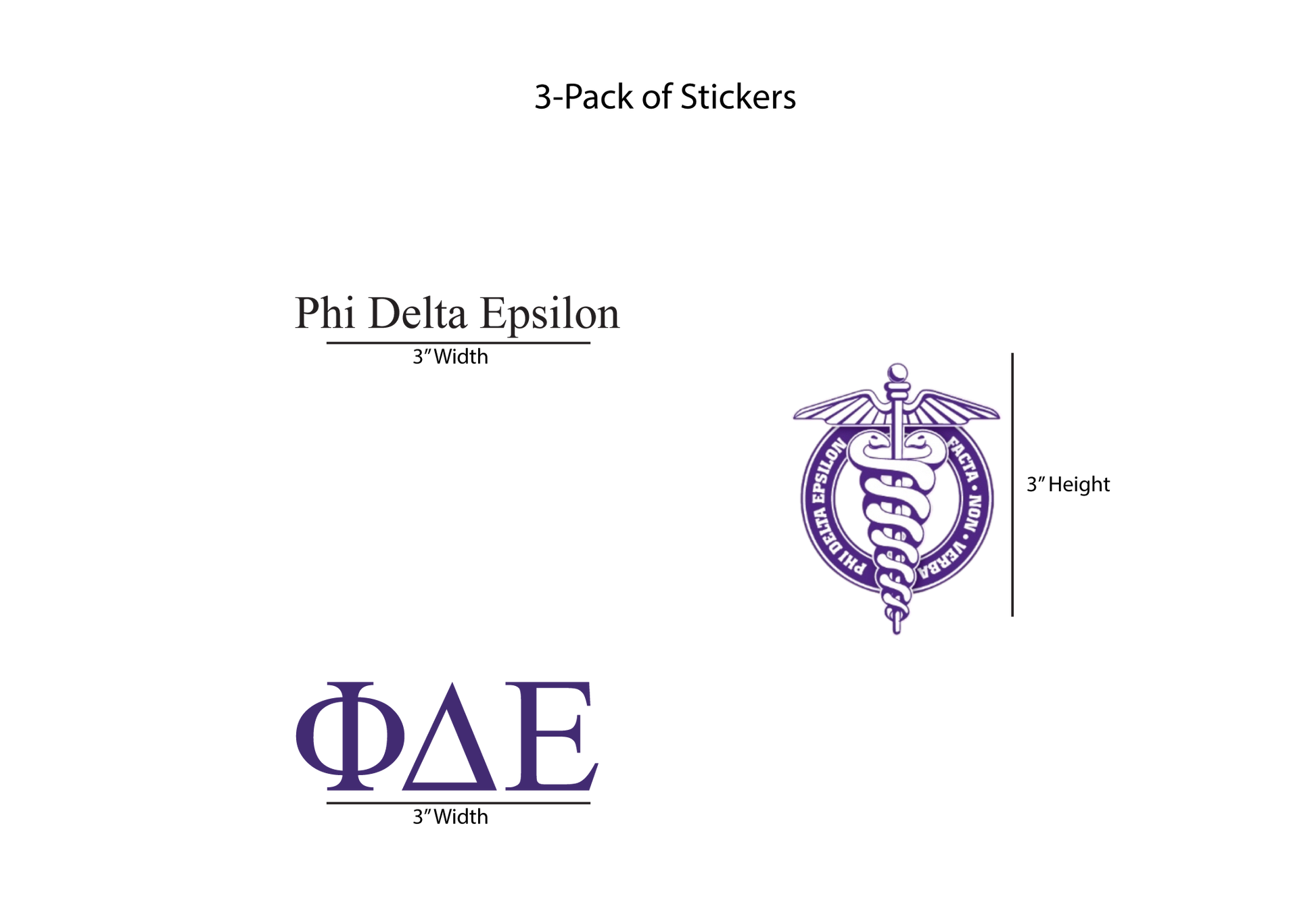 Packaging for Phi Delta Epsilon stickers with dimensions on a white background