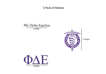 Packaging for Phi Delta Epsilon stickers with dimensions on a white background