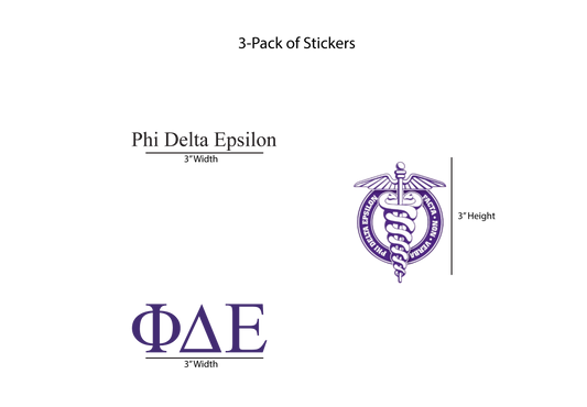 Packaging for Phi Delta Epsilon stickers with dimensions on a white background