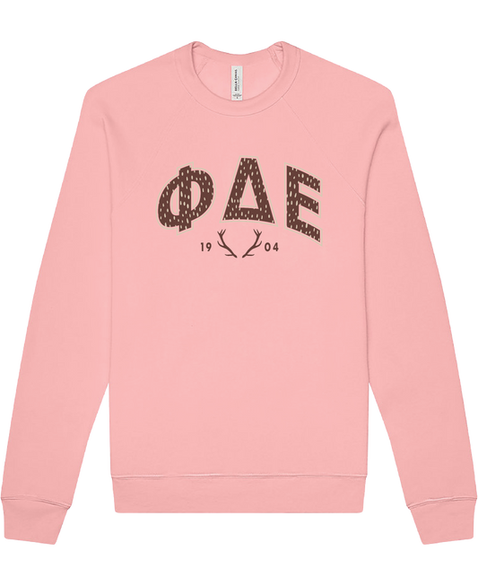 Phi Delta Epsilon Fawn Print Varsity Crewneck