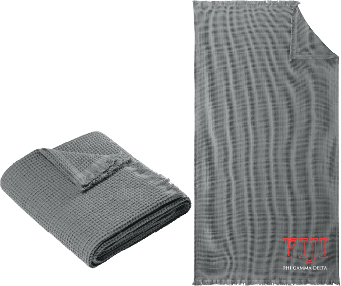 Gray textured blanket with folded corner and plain side on a white background