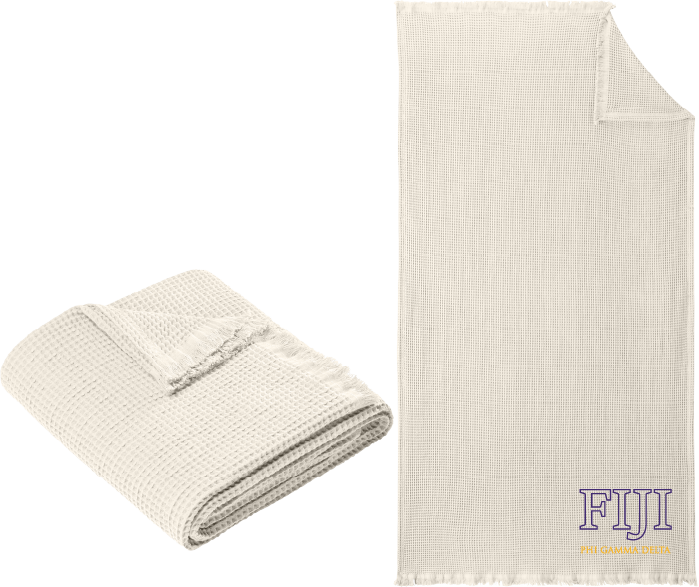 Folded beige textured blanket next to a larger unfolded one with 'FIJI' branding on a white background