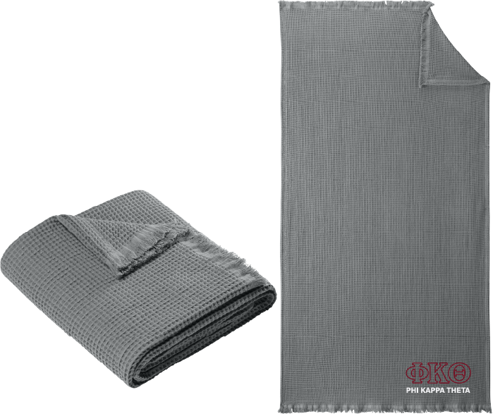 Gray textured blanket, folded and unfolded, with Alpha Delta Phi logo.