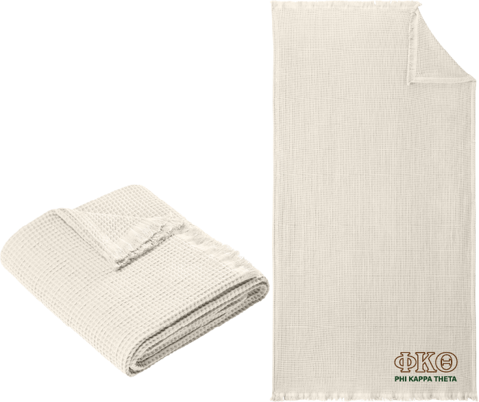 Folded beige blanket with Alpha Sigma Phi logo on a white background