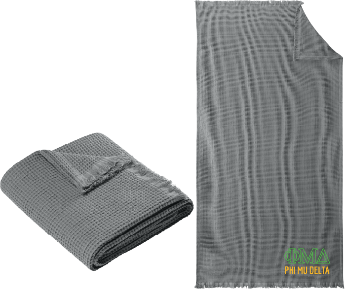 Gray textured blanket with folded and unfolded states on a white background, featuring Delta Zeta logo.
