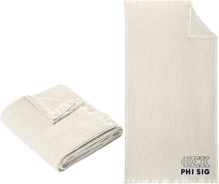Folded beige blanket next to a larger beige blanket with Alpha Gamma Omega logo on a white background