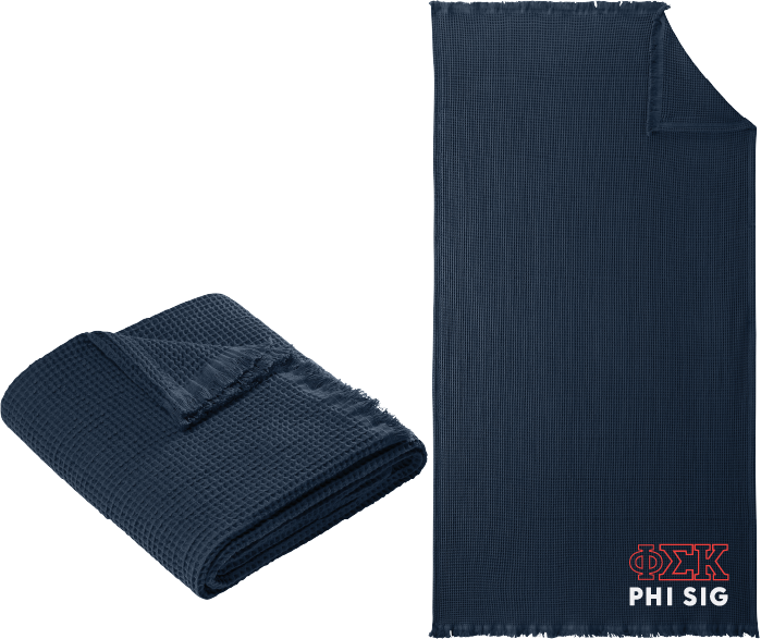 Navy blue textured blanket with 'Alpha Gamma Omega' logo on a white background