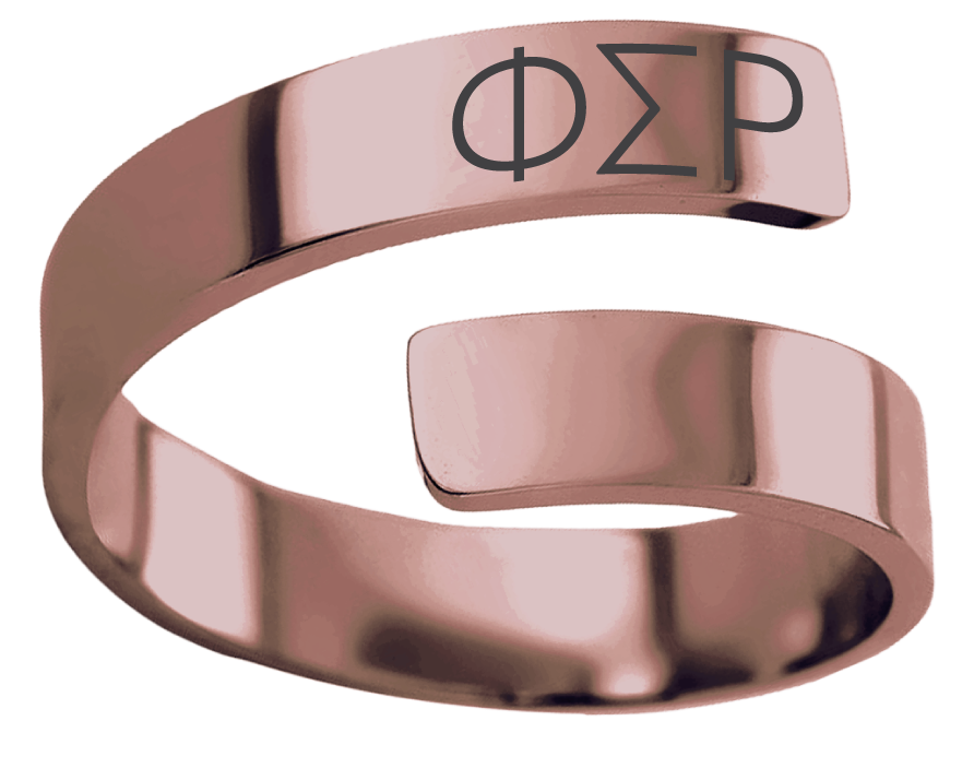 A polished rose gold open band ring engraved with the Greek letters Phi Sigma Rho (ΦΣΦ) on a clean white background.