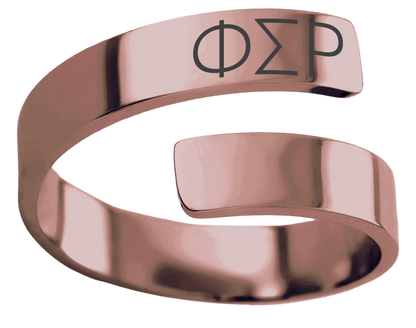 A polished rose gold open band ring engraved with the Greek letters Phi Sigma Rho (ΦΣΦ) on a clean white background.