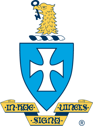 Coat of arms with blue shield, white cross, and yellow eagle on a white background