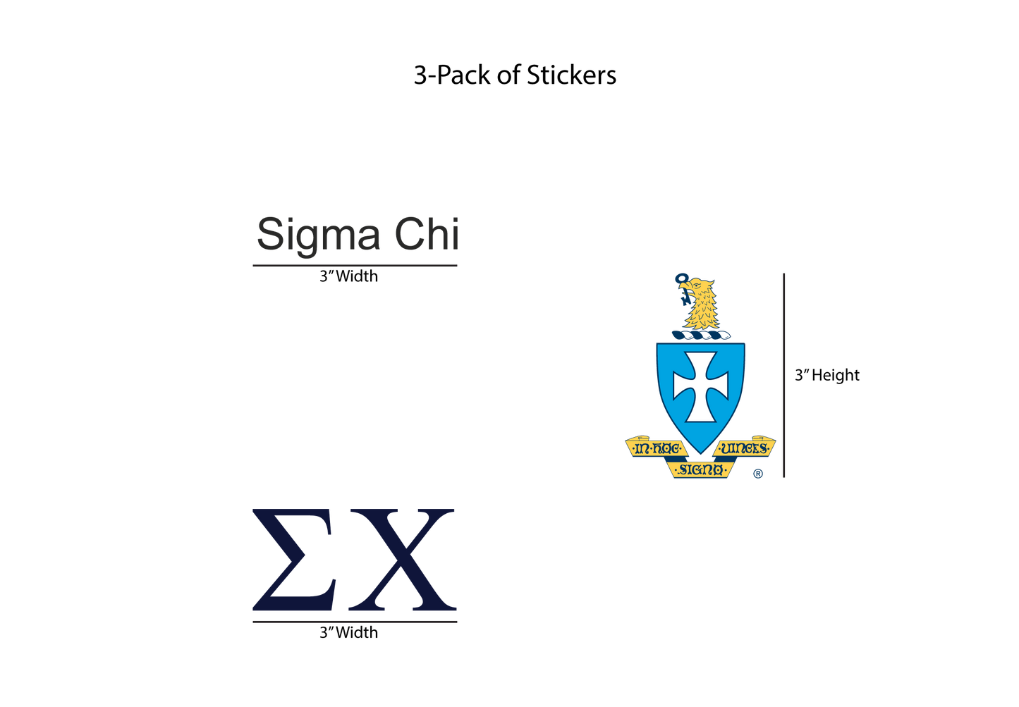 Packaging of Sigma Chi stickers with logo and text on a white background