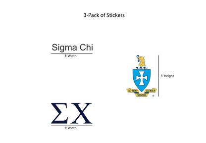 Packaging of Sigma Chi stickers with logo and text on a white background